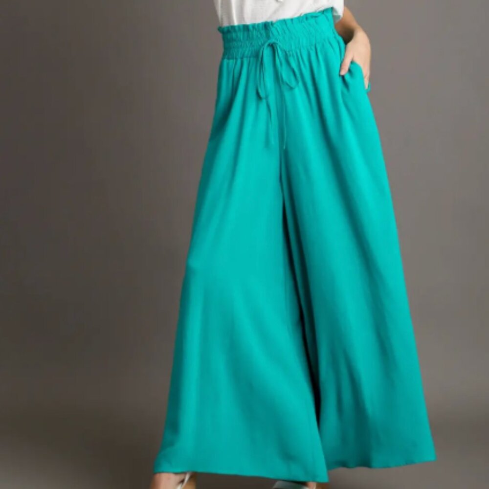 226.Elastic Waisted Palazzo Wide Leg Pants with Tie Strap